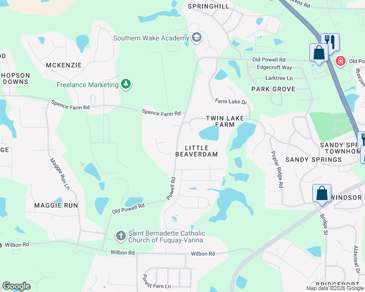 map of restaurants, bars, coffee shops, grocery stores, and more near 1921 Little Beaverdam Court in Holly Springs