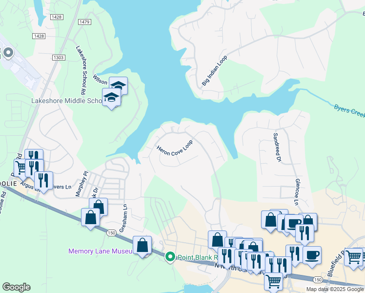 map of restaurants, bars, coffee shops, grocery stores, and more near 114 Heron Cove Loop in Mooresville