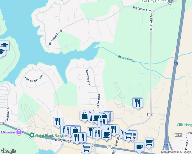 map of restaurants, bars, coffee shops, grocery stores, and more near 268 Glencoe Lane in Mooresville