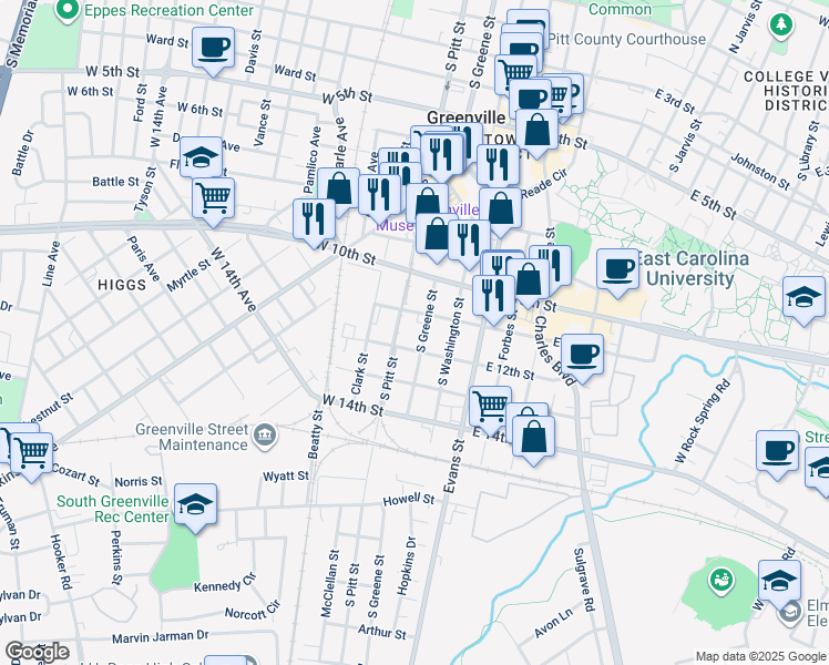 map of restaurants, bars, coffee shops, grocery stores, and more near 300-390 West 11th Street in Greenville