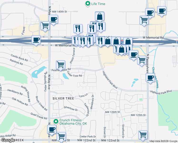 map of restaurants, bars, coffee shops, grocery stores, and more near 2541-2587 Featherstone Road in Oklahoma City