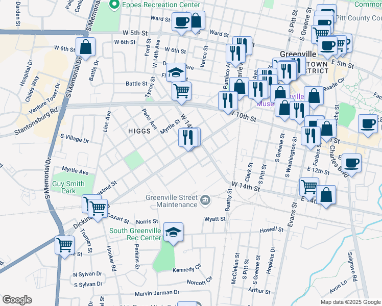 map of restaurants, bars, coffee shops, grocery stores, and more near State Road 1703 in Greenville
