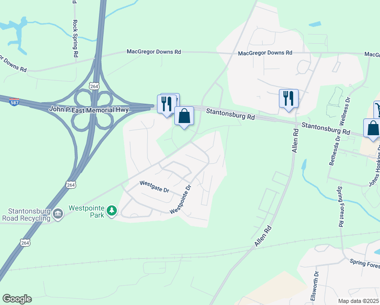 map of restaurants, bars, coffee shops, grocery stores, and more near 1223 Westridge Court in Greenville