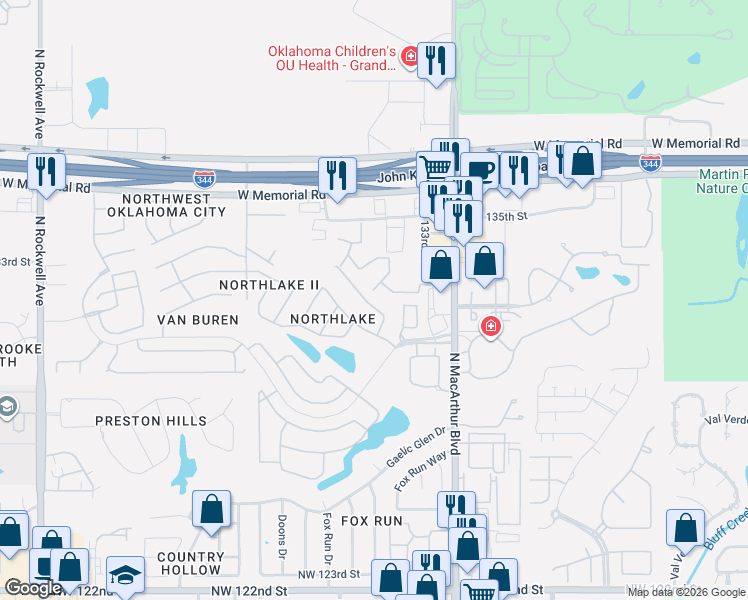 map of restaurants, bars, coffee shops, grocery stores, and more near 13404 Mayberry Place in Oklahoma City