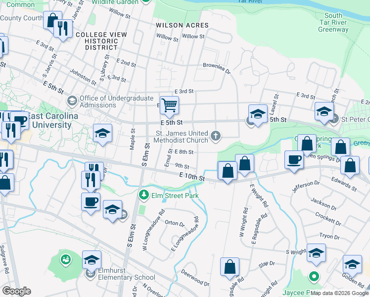 map of restaurants, bars, coffee shops, grocery stores, and more near 1906 East 6th Street in Greenville
