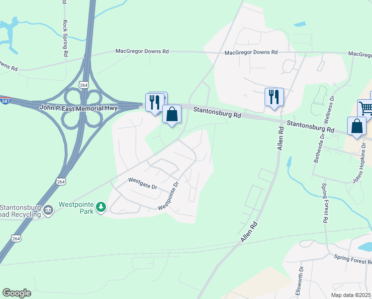 map of restaurants, bars, coffee shops, grocery stores, and more near 1210 B Westpointe Drive in Greenville