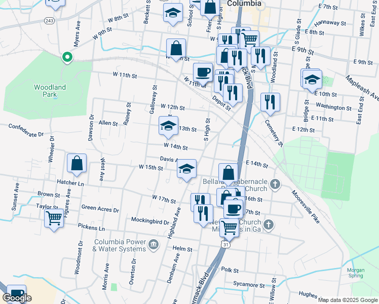 map of restaurants, bars, coffee shops, grocery stores, and more near 322 West 14th Street in Columbia