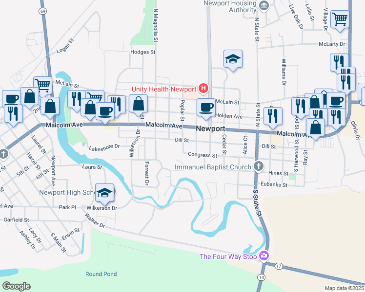 map of restaurants, bars, coffee shops, grocery stores, and more near 1115 Dill Street in Newport