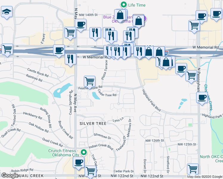 map of restaurants, bars, coffee shops, grocery stores, and more near 2601 Featherstone Road in Oklahoma City