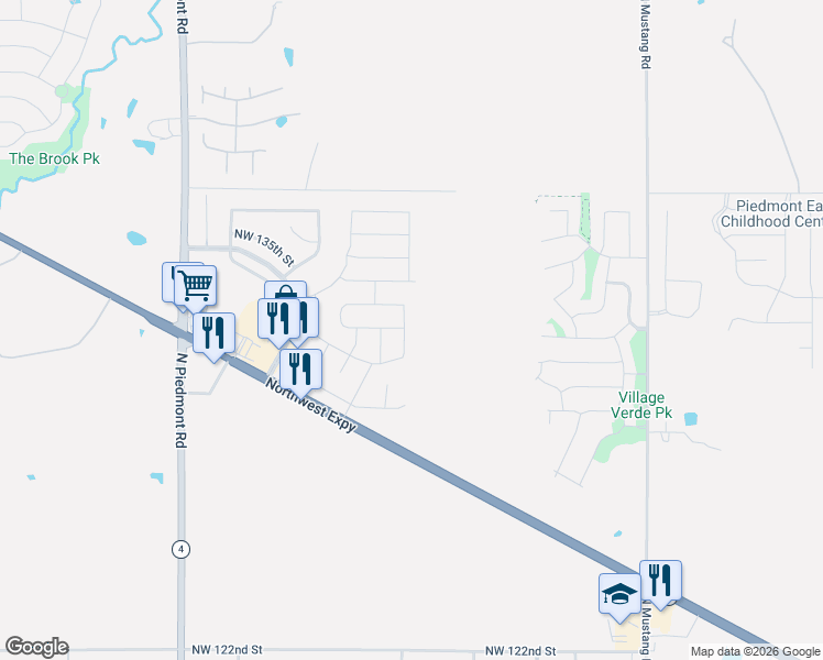 map of restaurants, bars, coffee shops, grocery stores, and more near 11704 Northwest 133rd Street in Piedmont