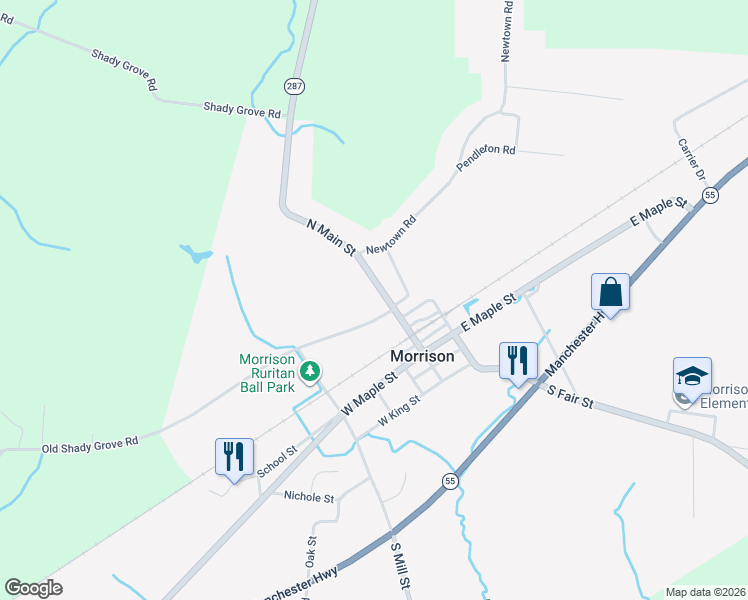 map of restaurants, bars, coffee shops, grocery stores, and more near 530 North Main Street in Morrison
