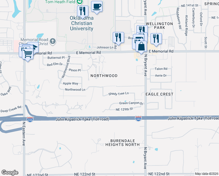 map of restaurants, bars, coffee shops, grocery stores, and more near 2608 Northwood Lane in Edmond