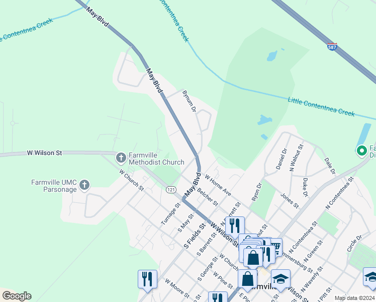 map of restaurants, bars, coffee shops, grocery stores, and more near 6054 May Boulevard in Farmville