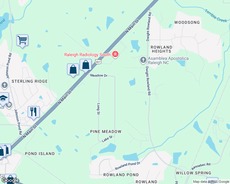 map of restaurants, bars, coffee shops, grocery stores, and more near Meadow Drive in Fuquay-Varina