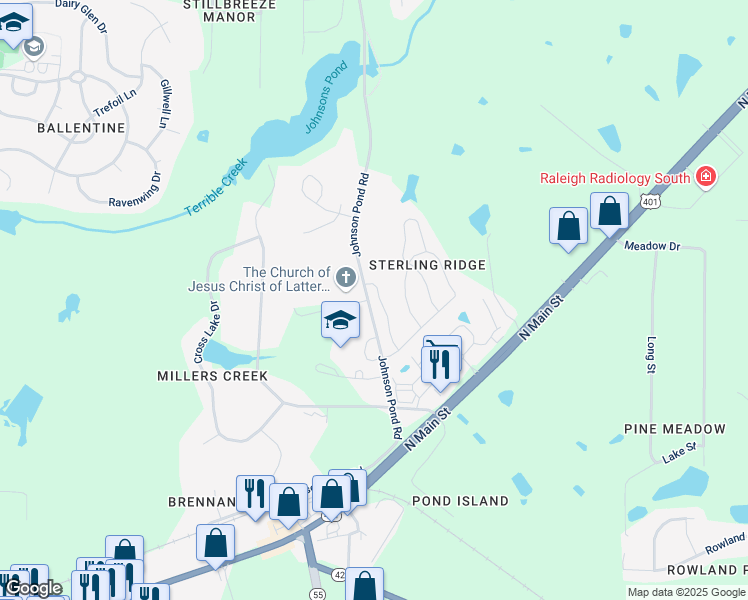 map of restaurants, bars, coffee shops, grocery stores, and more near 1449 Tuscan Drive in Fuquay-Varina