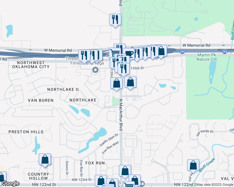 map of restaurants, bars, coffee shops, grocery stores, and more near 13325 North Macarthur Boulevard in Oklahoma City