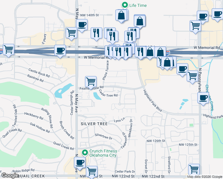 map of restaurants, bars, coffee shops, grocery stores, and more near 2626 Featherstone Road in Oklahoma City