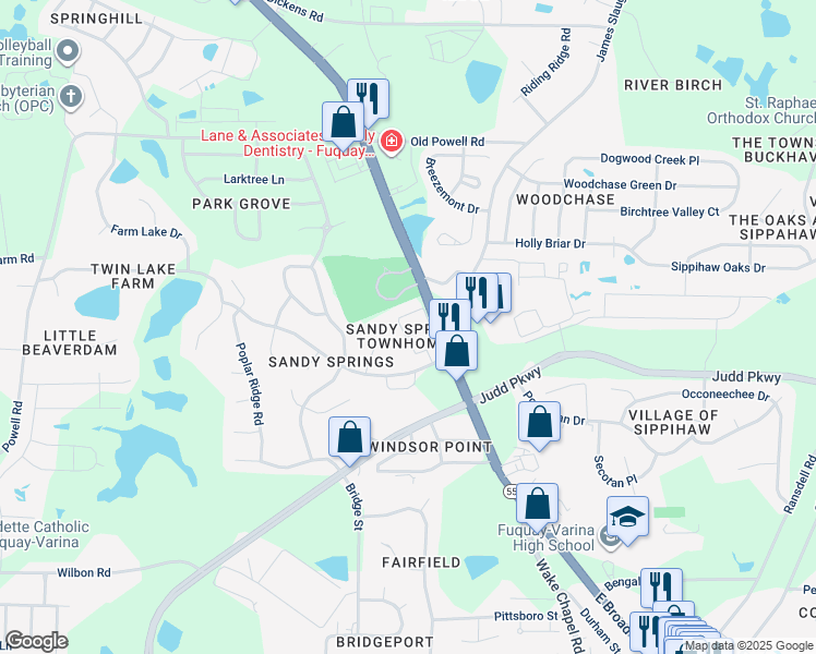 map of restaurants, bars, coffee shops, grocery stores, and more near 1819 Stroll Circle in Fuquay Varina