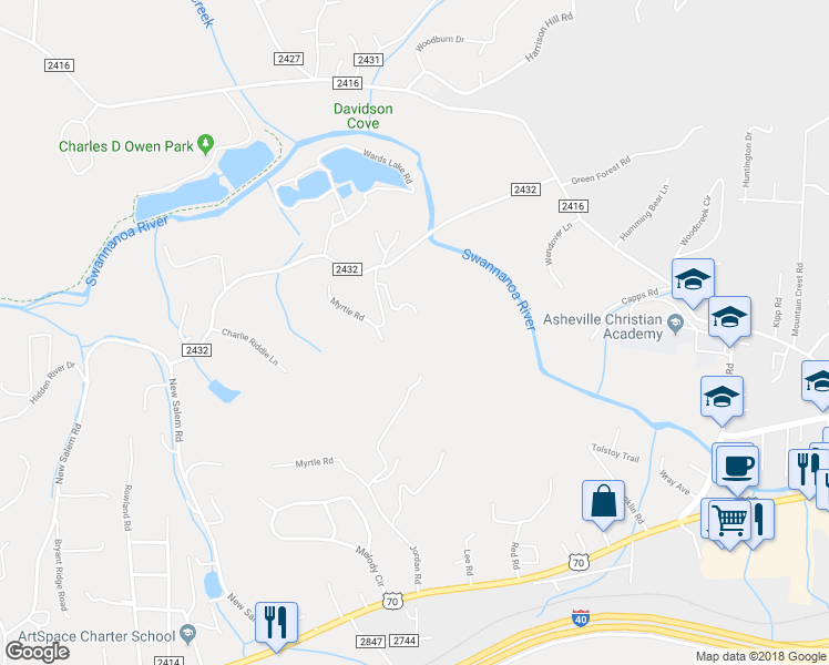 map of restaurants, bars, coffee shops, grocery stores, and more near 32 Everette Swafford Drive in Swannanoa
