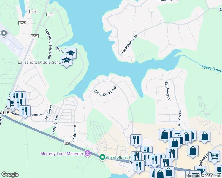 map of restaurants, bars, coffee shops, grocery stores, and more near 110 Heron Cove Loop in Mooresville