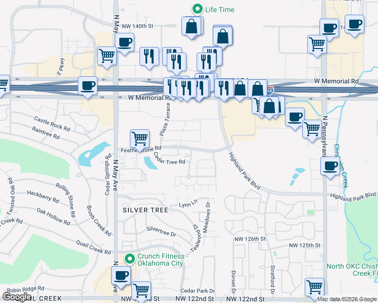 map of restaurants, bars, coffee shops, grocery stores, and more near 2601 Featherstone Road in Oklahoma City