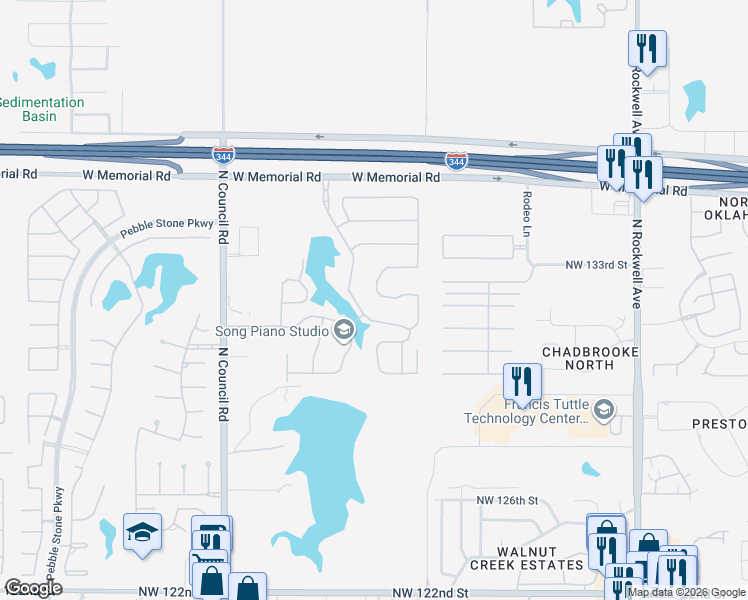 map of restaurants, bars, coffee shops, grocery stores, and more near 7633 Northwest 133rd Place in Oklahoma City