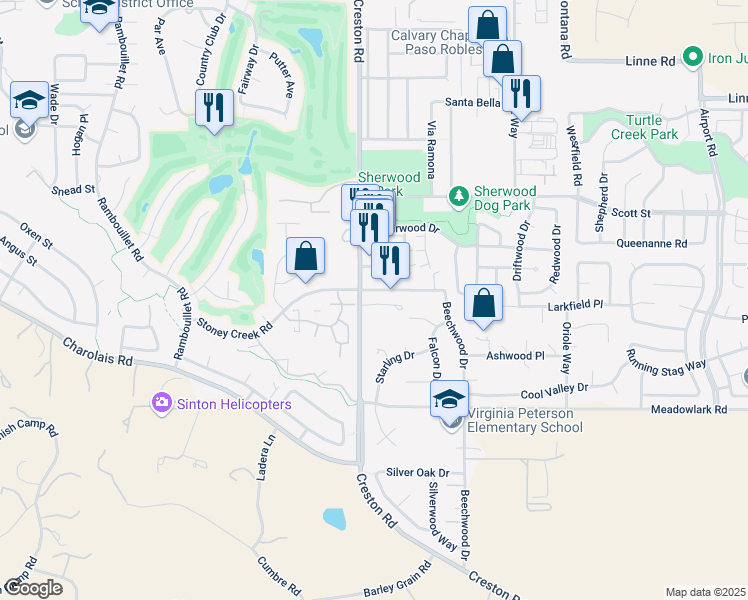 map of restaurants, bars, coffee shops, grocery stores, and more near 1307 Stoney Creek Road in Paso Robles