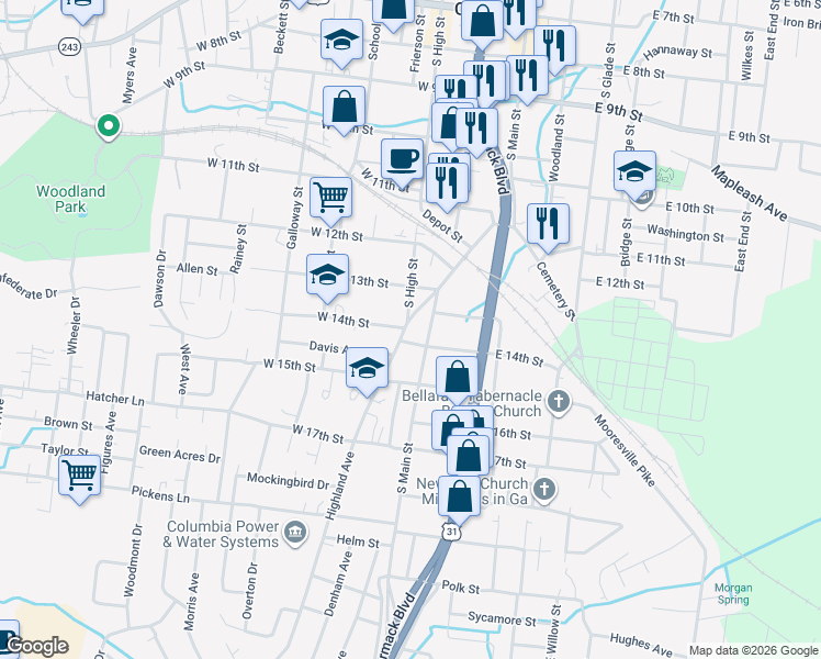 map of restaurants, bars, coffee shops, grocery stores, and more near 1412 South High Street in Columbia
