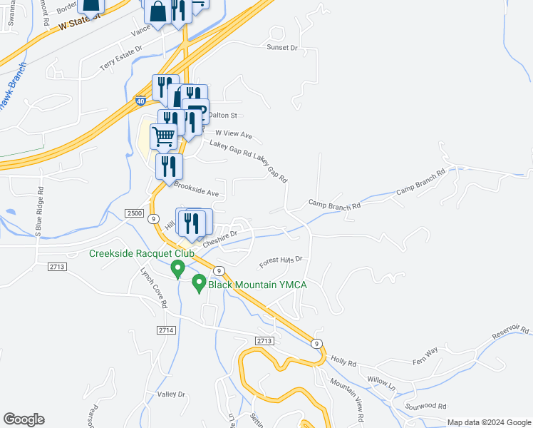 map of restaurants, bars, coffee shops, grocery stores, and more near Lakey Gap in Black Mountain