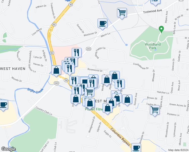 map of restaurants, bars, coffee shops, grocery stores, and more near 1513 Hatcher Lane in Columbia