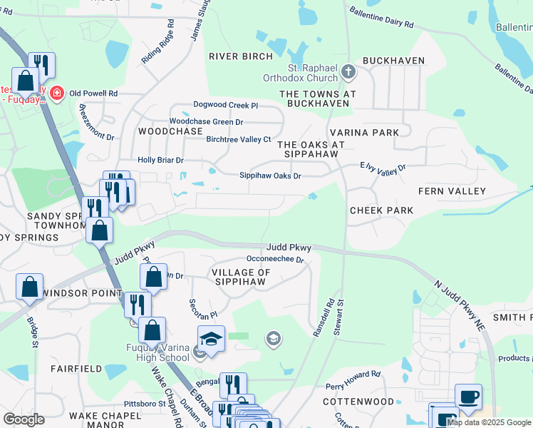 map of restaurants, bars, coffee shops, grocery stores, and more near 350 Rhoda Lilley Drive in Fuquay-Varina
