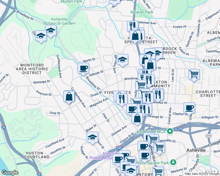 map of restaurants, bars, coffee shops, grocery stores, and more near 32 Woodrow Avenue in Asheville