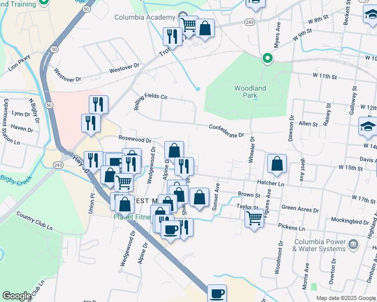 map of restaurants, bars, coffee shops, grocery stores, and more near 119 Brannon Court in Columbia