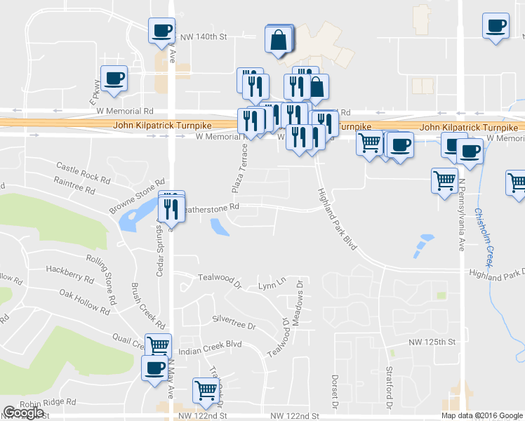 map of restaurants, bars, coffee shops, grocery stores, and more near 2601 Featherstone Road in Oklahoma City
