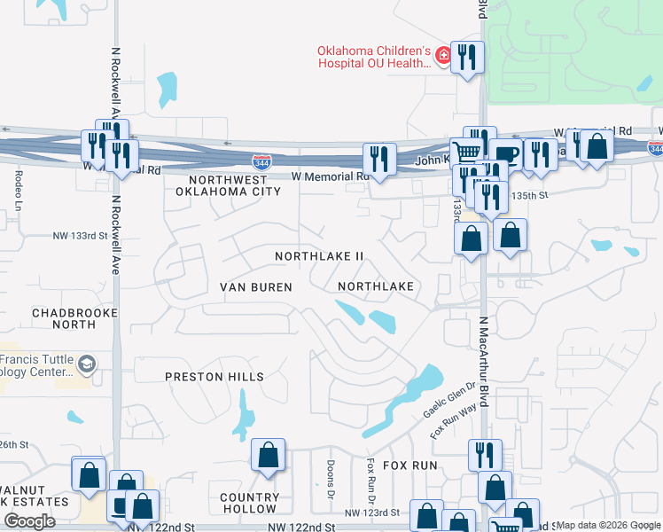map of restaurants, bars, coffee shops, grocery stores, and more near 6401 Northwest 134th Street in Oklahoma City