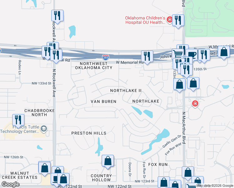 map of restaurants, bars, coffee shops, grocery stores, and more near 6512 Northwest 134th Street in Oklahoma City