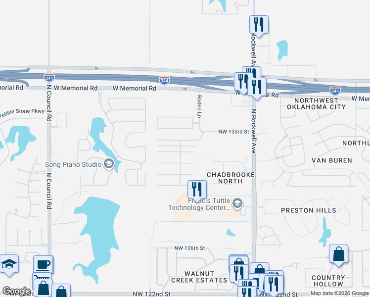 map of restaurants, bars, coffee shops, grocery stores, and more near 7424 Northwest 133rd Street in Oklahoma City