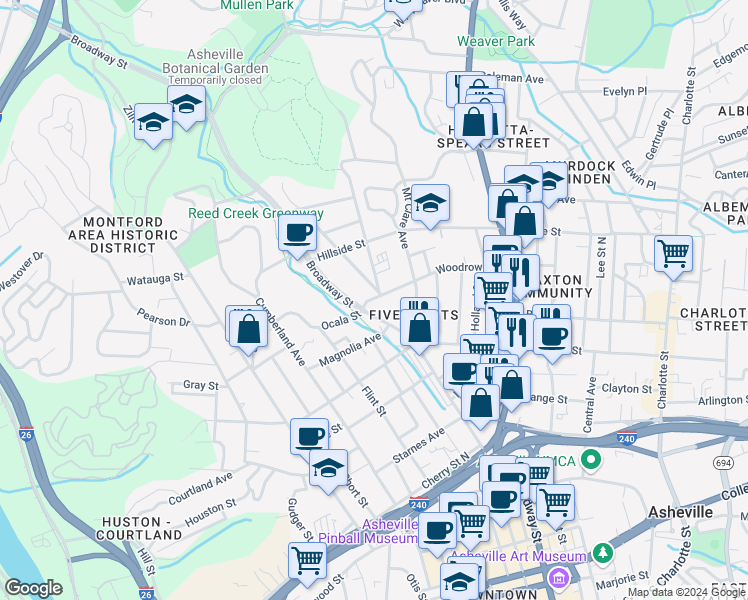 map of restaurants, bars, coffee shops, grocery stores, and more near 13b Woodrow Avenue in Asheville