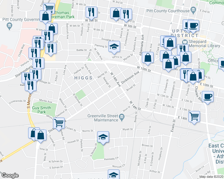 map of restaurants, bars, coffee shops, grocery stores, and more near 1403 Dickinson Ave in Greenville