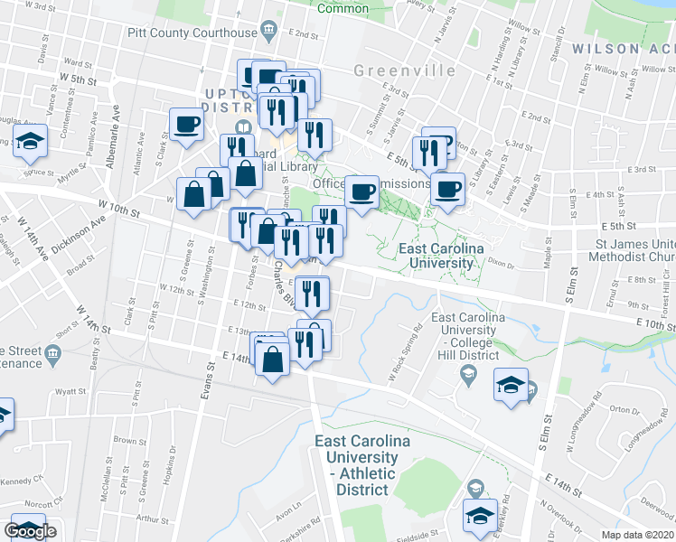 map of restaurants, bars, coffee shops, grocery stores, and more near 599 Library Drive in Greenville