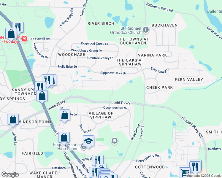 map of restaurants, bars, coffee shops, grocery stores, and more near 350 Rhoda Lilley Drive in Fuquay-Varina