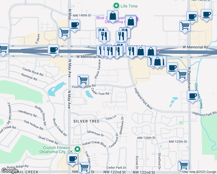 map of restaurants, bars, coffee shops, grocery stores, and more near 2622 Featherstone Road in Oklahoma City