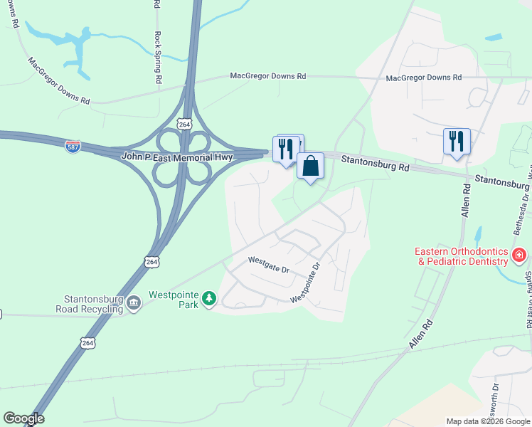 map of restaurants, bars, coffee shops, grocery stores, and more near 1291 Park West Drive in Greenville