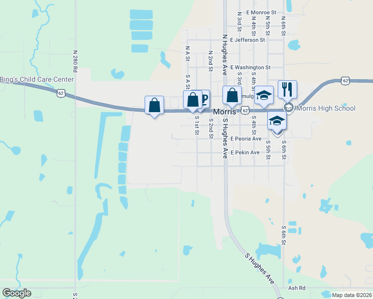 map of restaurants, bars, coffee shops, grocery stores, and more near 719 West Peoria Avenue in Morris