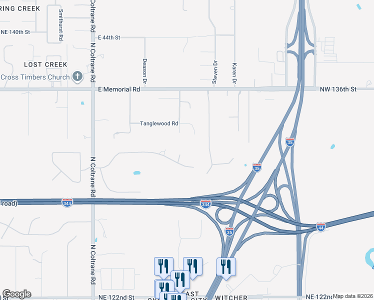 map of restaurants, bars, coffee shops, grocery stores, and more near 4805 Oakdale Farm Road in Edmond