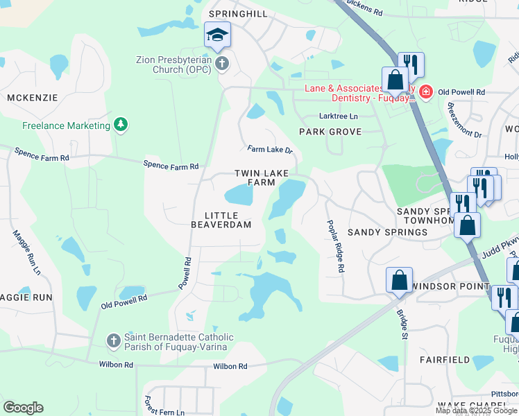 map of restaurants, bars, coffee shops, grocery stores, and more near 7000 Blue Water Court in Holly Springs