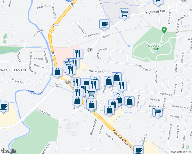 map of restaurants, bars, coffee shops, grocery stores, and more near 1513 Hatcher Lane in Columbia