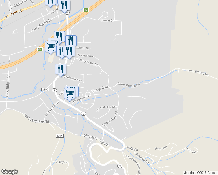 map of restaurants, bars, coffee shops, grocery stores, and more near Lakey Gap Road in Black Mountain