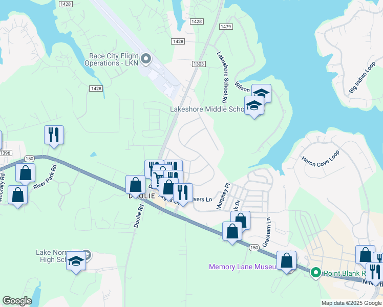 map of restaurants, bars, coffee shops, grocery stores, and more near 183 Blossom Ridge Drive in Mooresville