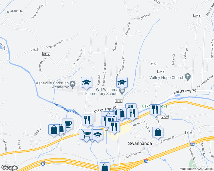 map of restaurants, bars, coffee shops, grocery stores, and more near 110 Mountain Crest Road in Swannanoa
